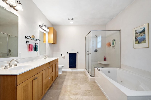 full bathroom featuring separate shower and tub, tile flooring, toilet, and double vanity