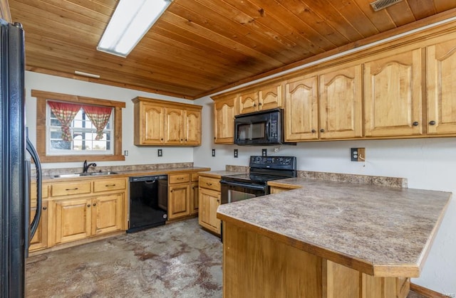 kitchen with wooden ceiling, kitchen peninsula, sink, and black appliances