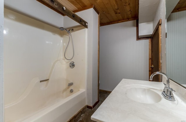 bathroom with wooden ceiling, bathtub / shower combination, and vanity