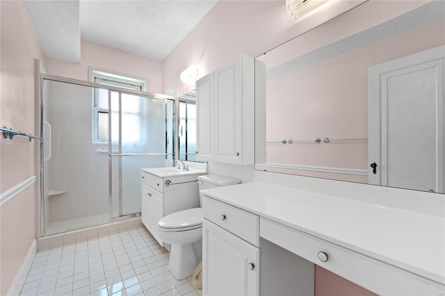 bathroom featuring a textured ceiling, walk in shower, toilet, vanity, and tile patterned floors