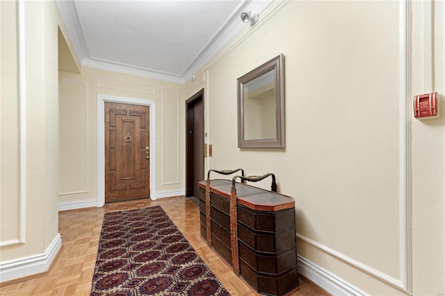 interior space with light parquet flooring and ornamental molding