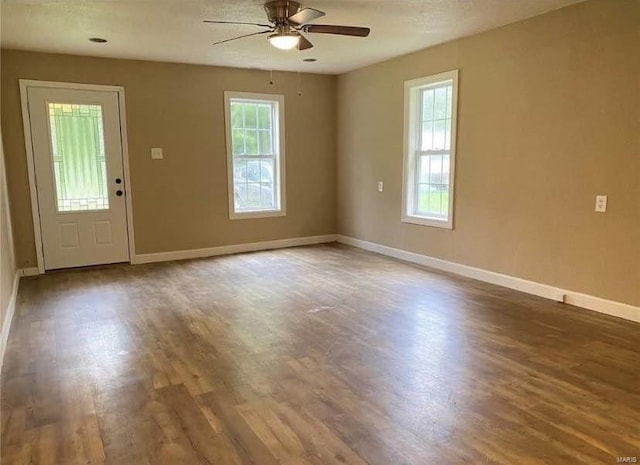 foyer featuring ceiling fan, a healthy amount of sunlight, and dark wood-type flooring