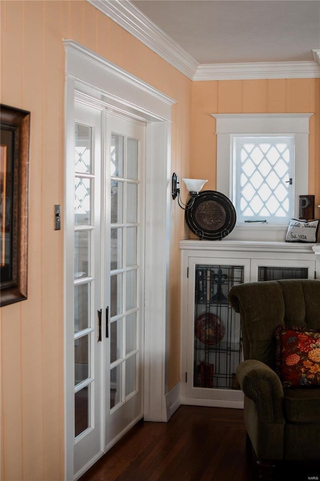 doorway with crown molding, dark wood-type flooring, and french doors