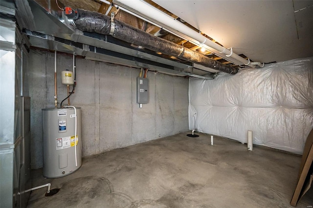 basement with water heater and electric panel