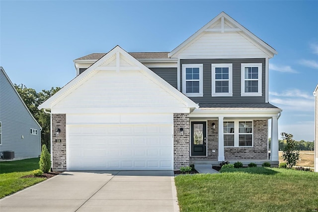 view of front of property with a garage, a front yard, and cooling unit