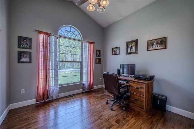 office featuring high vaulted ceiling, ceiling fan, and dark hardwood / wood-style floors