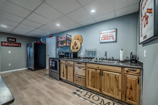 interior space with sink, light hardwood / wood-style flooring, a drop ceiling, and stainless steel appliances