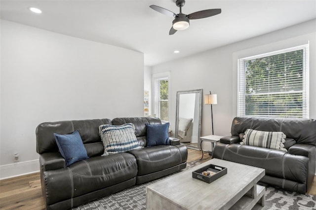 living room featuring a healthy amount of sunlight, hardwood / wood-style floors, and ceiling fan