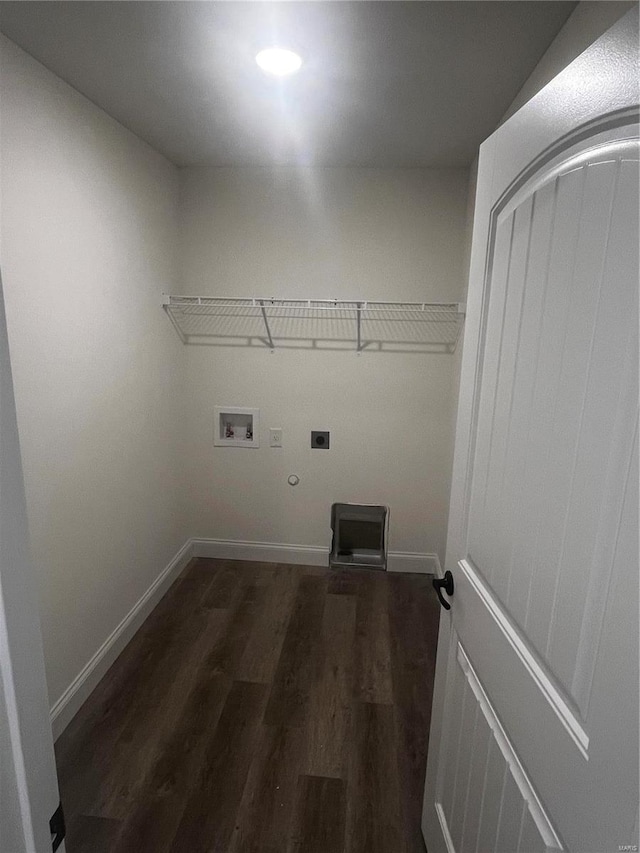 clothes washing area with electric dryer hookup, hookup for a washing machine, hookup for a gas dryer, and dark hardwood / wood-style flooring