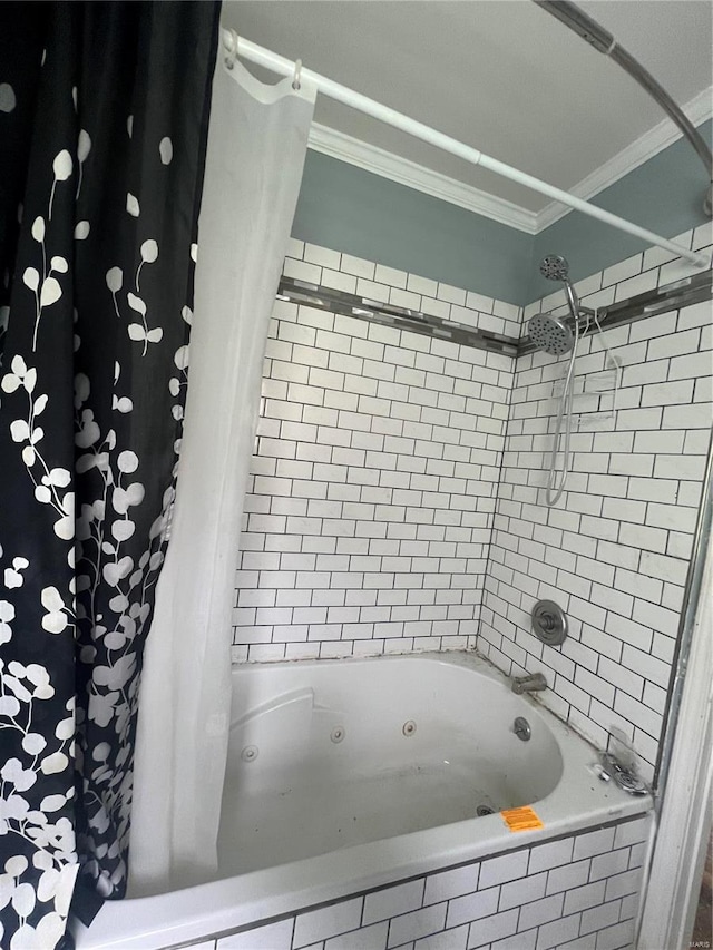 bathroom with shower / bath combo with shower curtain and ornamental molding