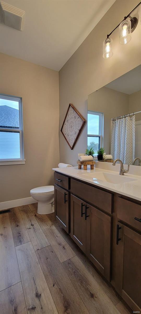 bathroom featuring hardwood / wood-style floors, vanity, and toilet