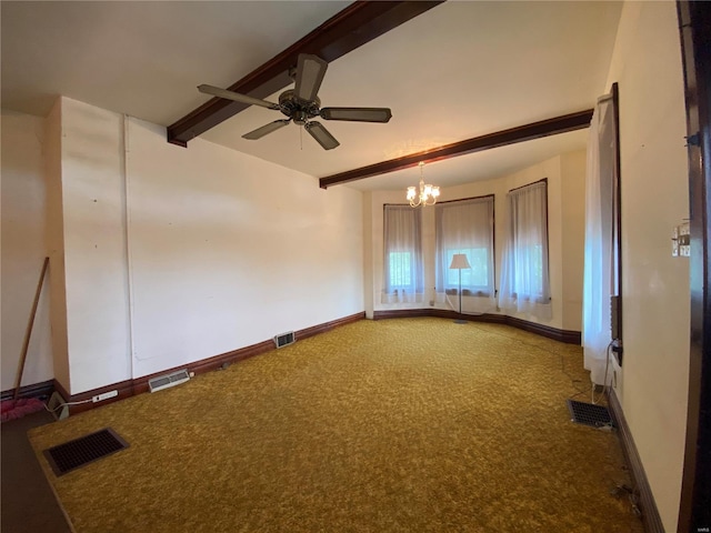 carpeted spare room with beam ceiling and ceiling fan with notable chandelier