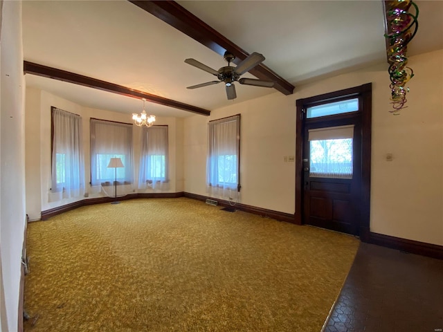 carpeted foyer entrance with ceiling fan with notable chandelier and beam ceiling