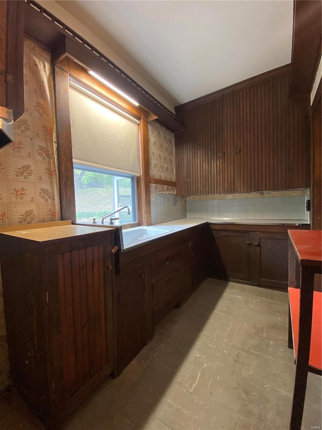 kitchen with backsplash, dark brown cabinetry, and sink