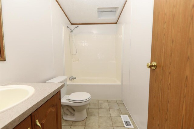 full bathroom with toilet, tile flooring, vanity, and shower / bathtub combination