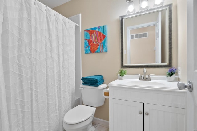 full bathroom with toilet, vanity, tile patterned flooring, and shower / bath combo with shower curtain