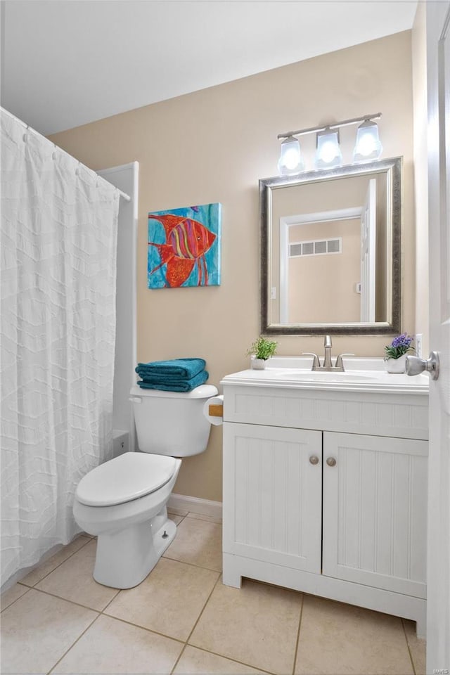 bathroom with toilet, a shower with shower curtain, tile patterned flooring, and vanity