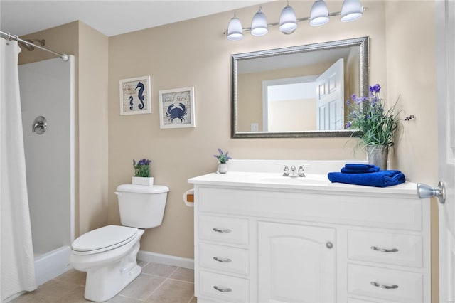 bathroom with walk in shower, vanity, tile patterned flooring, and toilet