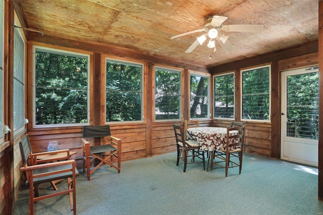 sunroom featuring ceiling fan and wood ceiling