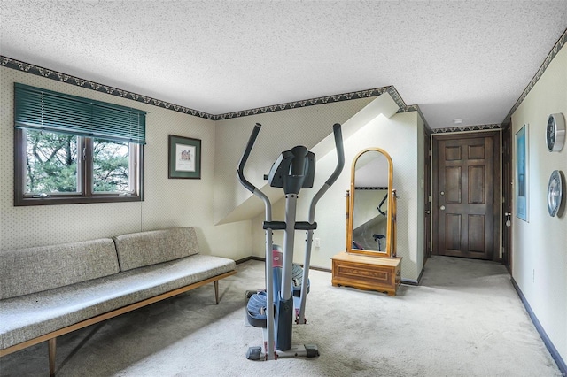 workout room with a textured ceiling and carpet floors