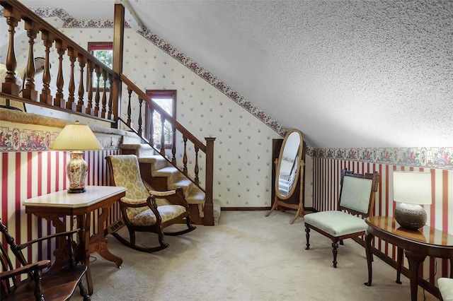 living area featuring carpet and a textured ceiling