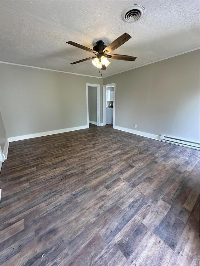 empty room with dark hardwood / wood-style flooring, ceiling fan, baseboard heating, and a textured ceiling