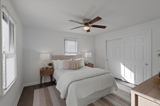 bedroom with ceiling fan, dark hardwood / wood-style flooring, and a closet