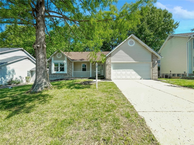 ranch-style house with a garage, central AC unit, and a front yard