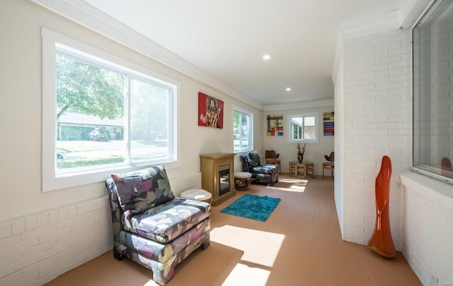 living area with crown molding and brick wall