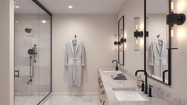 bathroom with a shower with shower door and vanity