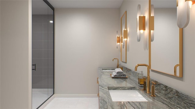 bathroom featuring tile patterned floors, an enclosed shower, and vanity