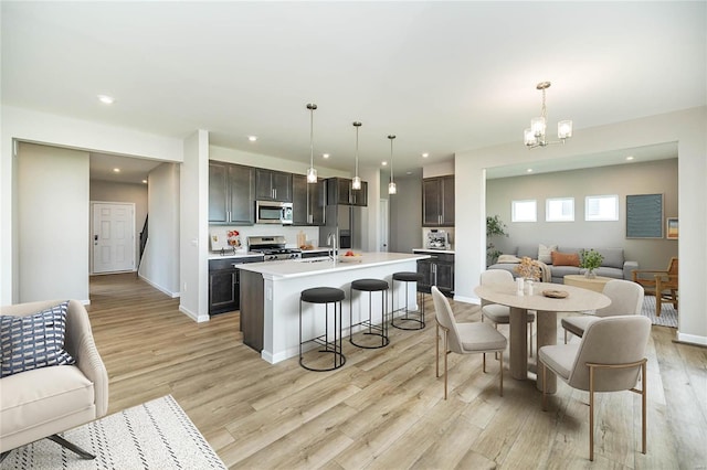 kitchen featuring pendant lighting, a center island with sink, light wood-type flooring, dark brown cabinetry, and stainless steel appliances