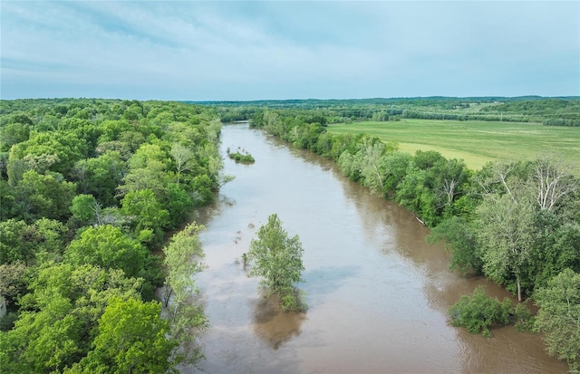 bird's eye view with a water view