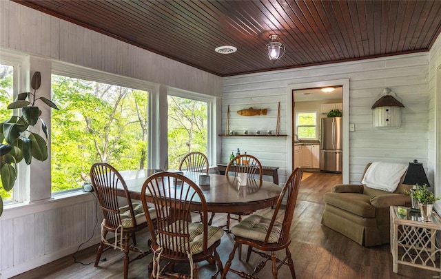 dining space featuring wooden walls, dark hardwood / wood-style floors, and wood ceiling