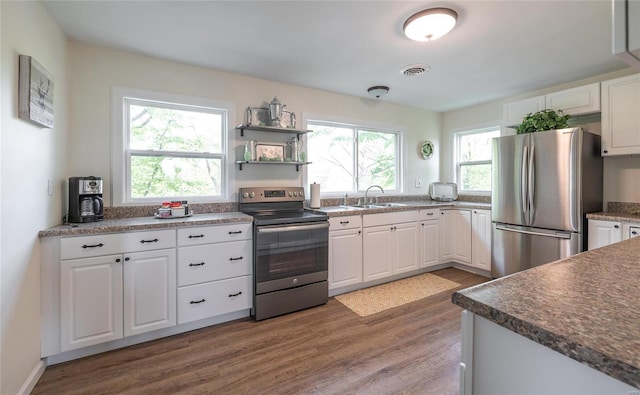 kitchen featuring white cabinets, appliances with stainless steel finishes, a healthy amount of sunlight, and dark hardwood / wood-style flooring