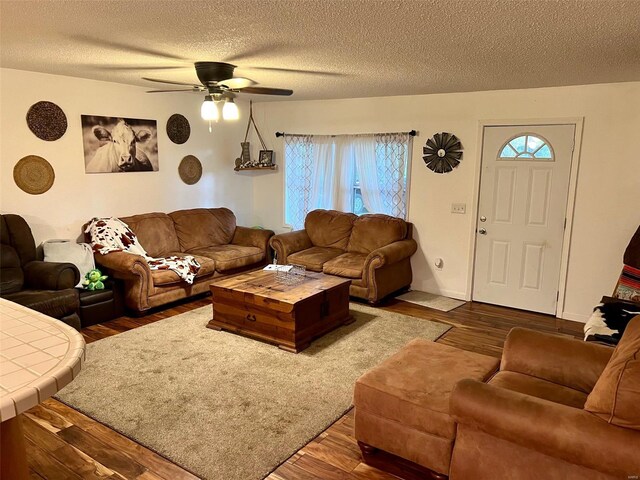 living room featuring dark wood finished floors, a wealth of natural light, and a textured ceiling