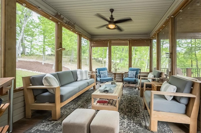 sunroom with wood ceiling and ceiling fan