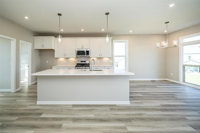 kitchen with white cabinetry, sink, an island with sink, and stainless steel appliances