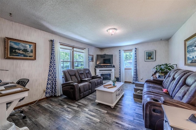 living room with a textured ceiling, a healthy amount of sunlight, and dark wood-type flooring