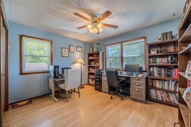 office featuring ceiling fan, a textured ceiling, and light hardwood / wood-style flooring