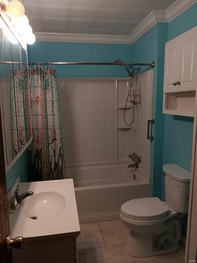 full bathroom featuring shower / bath combo, tile patterned flooring, vanity, and crown molding