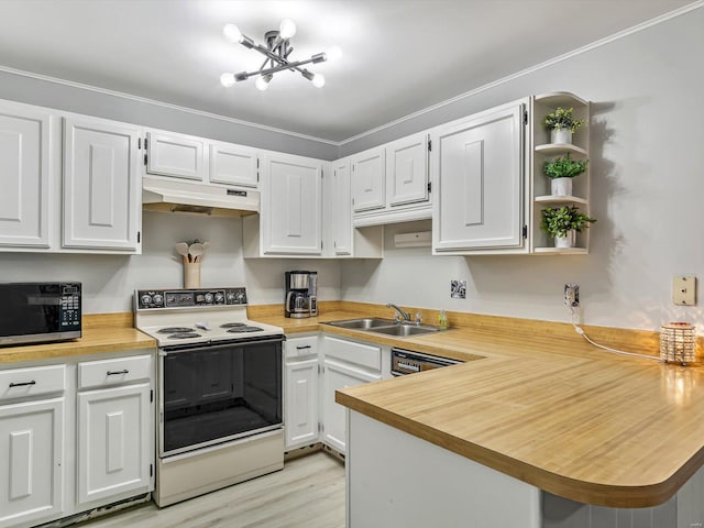 kitchen featuring sink, white electric range oven, white cabinets, and light wood-type flooring