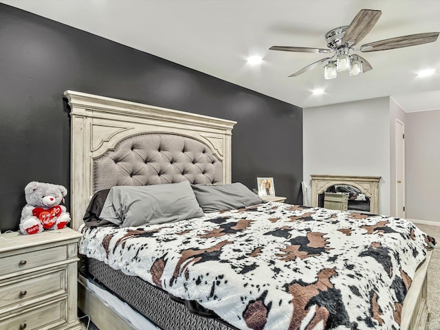 bedroom featuring carpet flooring and ceiling fan