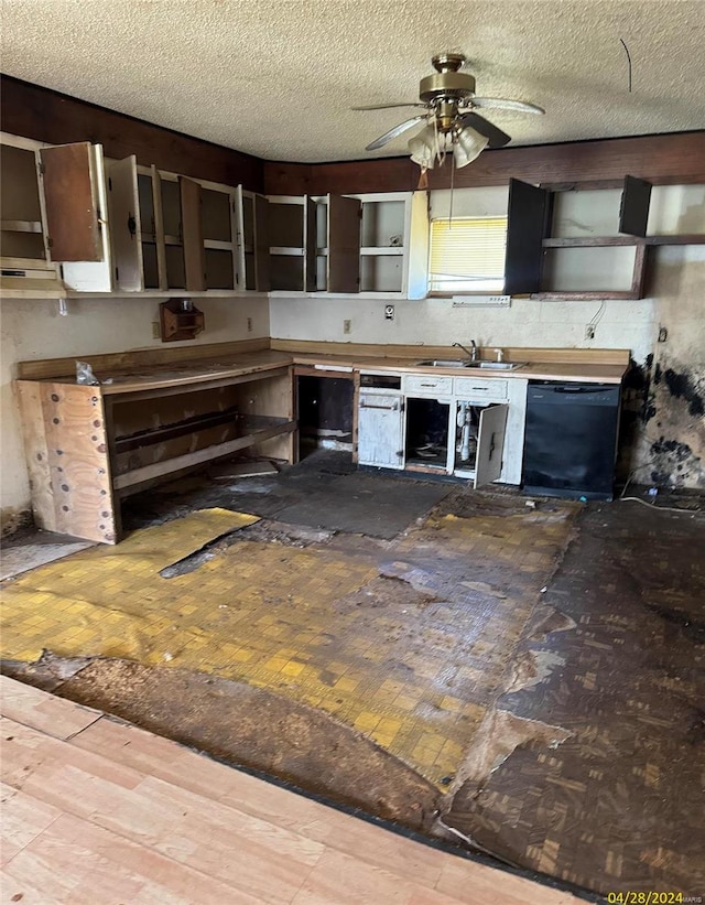 kitchen featuring sink, dishwasher, ceiling fan, and a textured ceiling