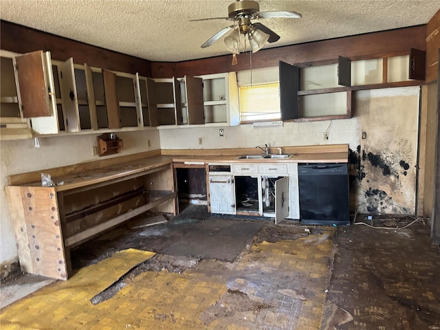 kitchen with a textured ceiling, dishwasher, ceiling fan, and sink