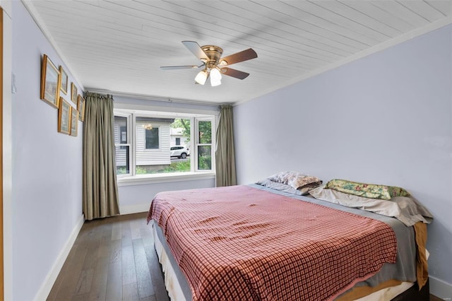 bedroom with dark wood-type flooring, ceiling fan, and wood ceiling