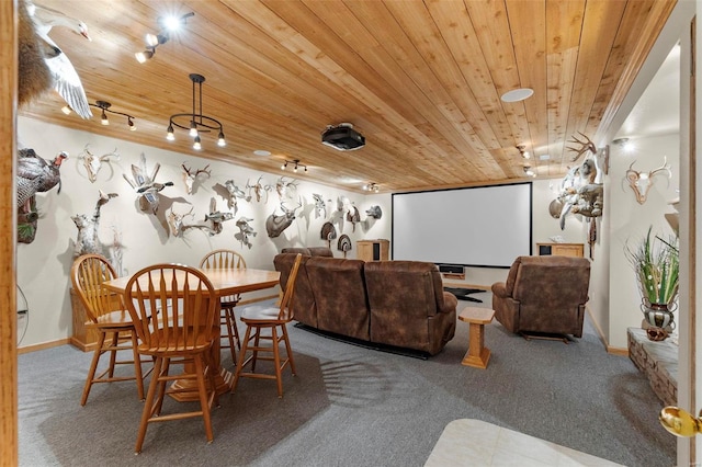 carpeted home theater room with wooden ceiling