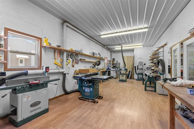 interior space featuring a workshop area and light hardwood / wood-style flooring