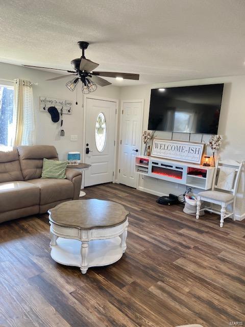 living room with ceiling fan, a textured ceiling, and wood finished floors