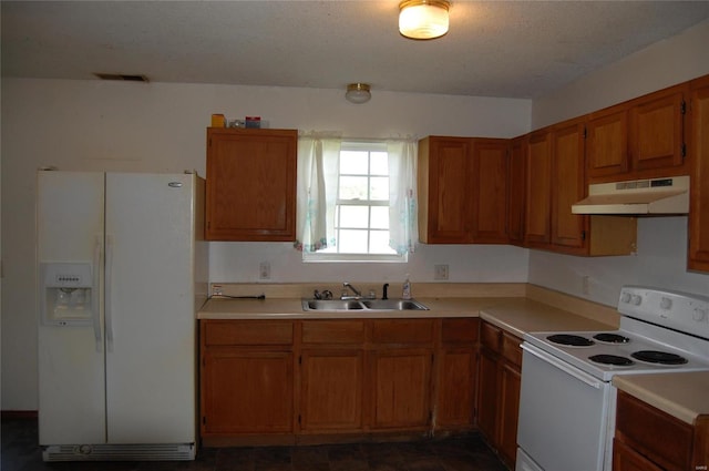 kitchen featuring sink, dark tile floors, and white appliances